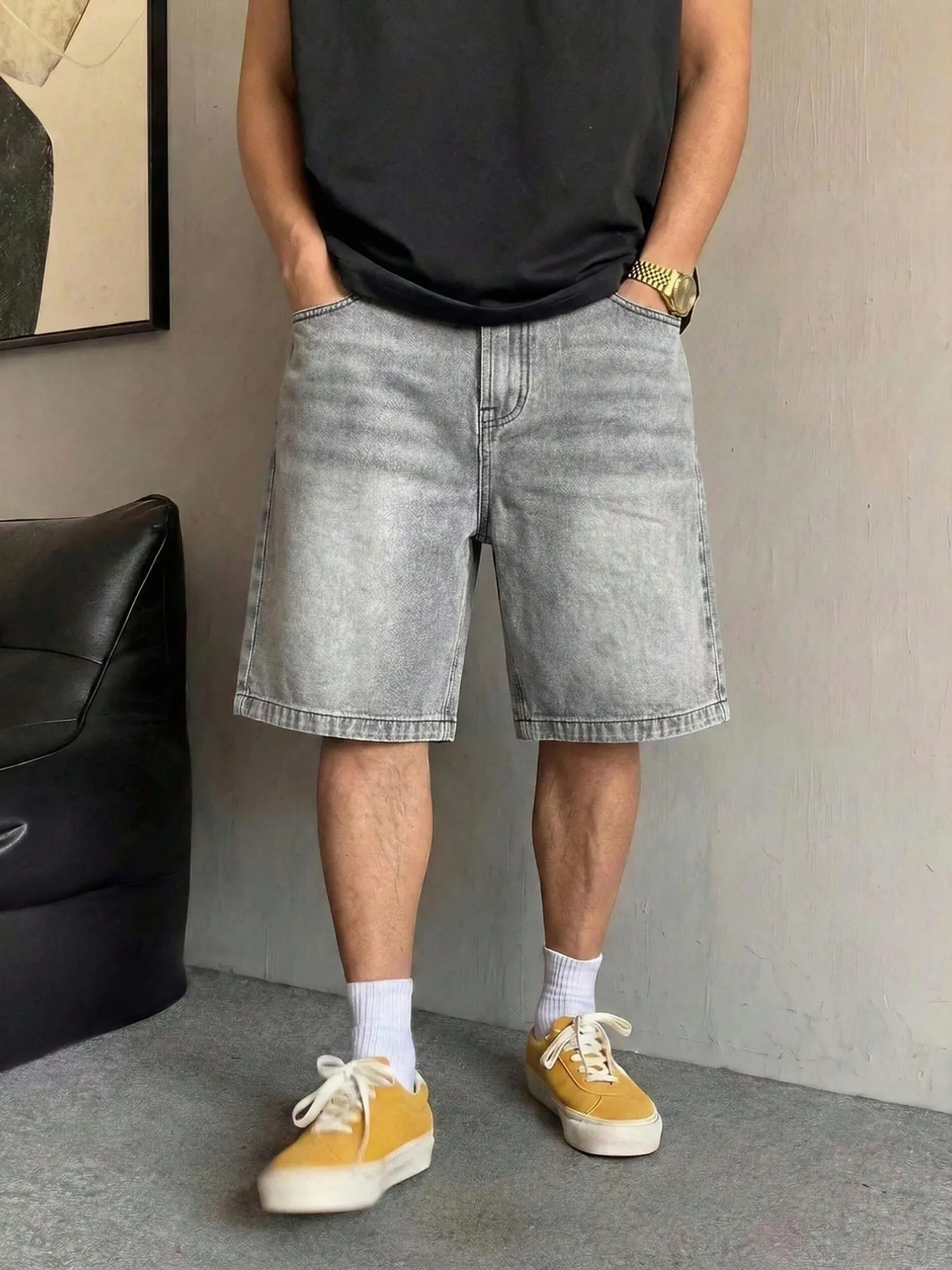 Summer Denim Shorts, Basic Casual Straight Fit Cotton Bottom Pants, Drawstring Waist, Adjustable, Pockets, Plain Design, Breathable Streetwear for Daily Wear