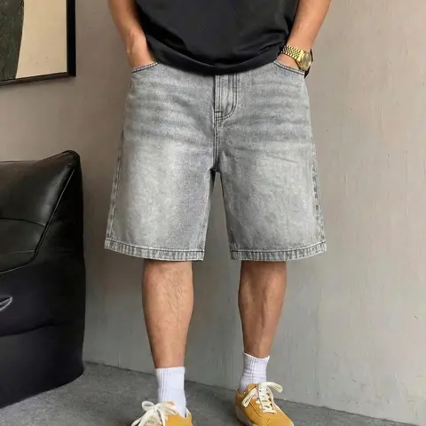 Summer Denim Shorts Casual Straight Fit Cotton Bottom Pants, Drawstring Waist, Adjustable, Pockets, Plain Design, Breathable Streetwear for Daily Wear Solid Denim Shorts