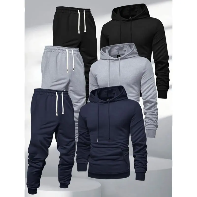 Men's Sports Wear Set, 3-Piece Solid Color Athleisure Tracksuit with Hooded Jacket, Vest & Joggers, Slight Stretch Polyester Knit for Gym Workouts, Athleisure Tracksuit Outfit
