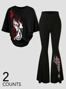 Two-Piece Women's Set, Angel Print T-Shirt and Bell Bottom Pants, Fashionable Daily Wear, Trendy Spring, Casual Fitted Style