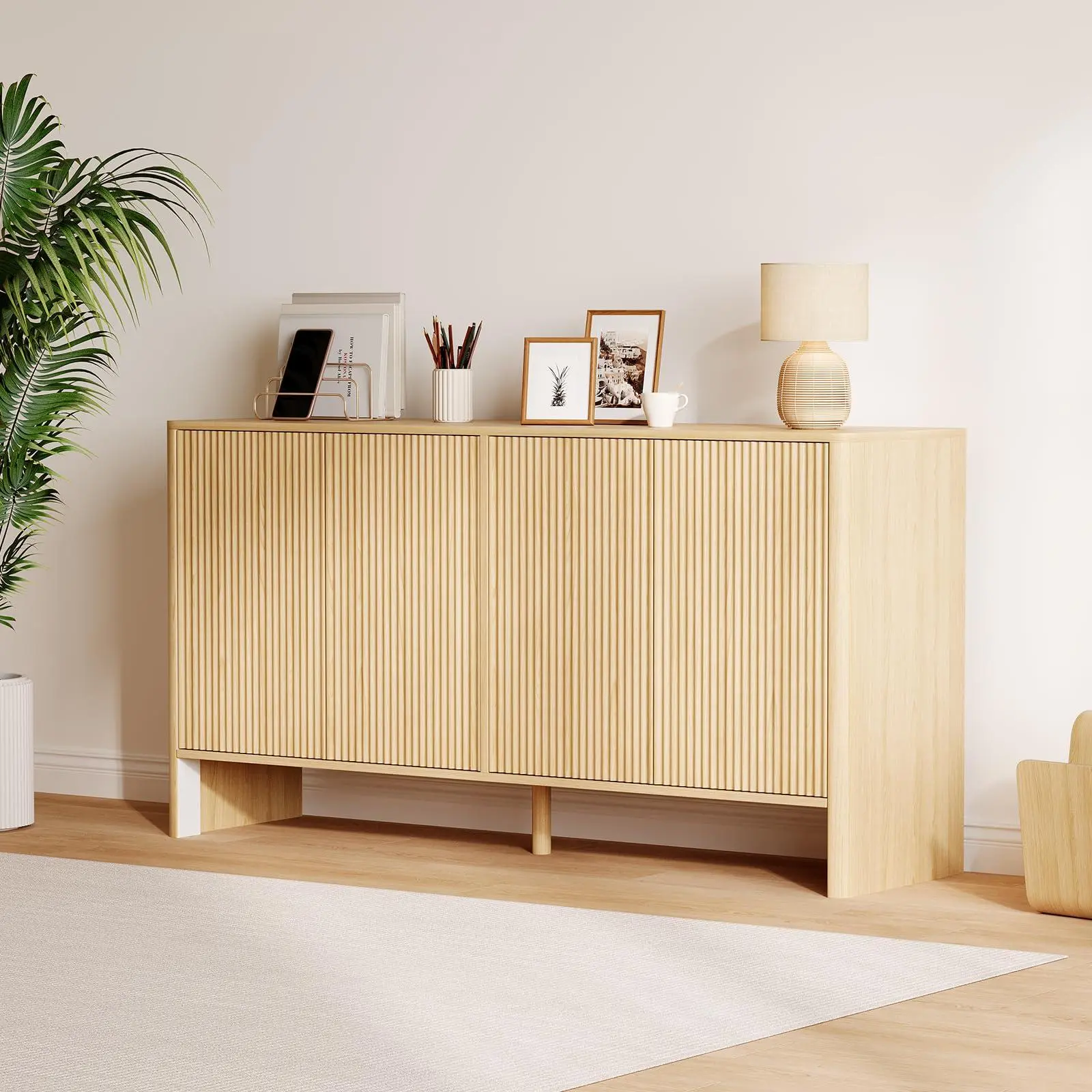 58"Natural Oak Fluted Sideboard with Storage, Modern Accent Storage Cabinet with 4 Fluted Doors and Adjustable Shelves, Wood Credenza Buffet Cabinet, Console Table for Kitchen Dining Living Room