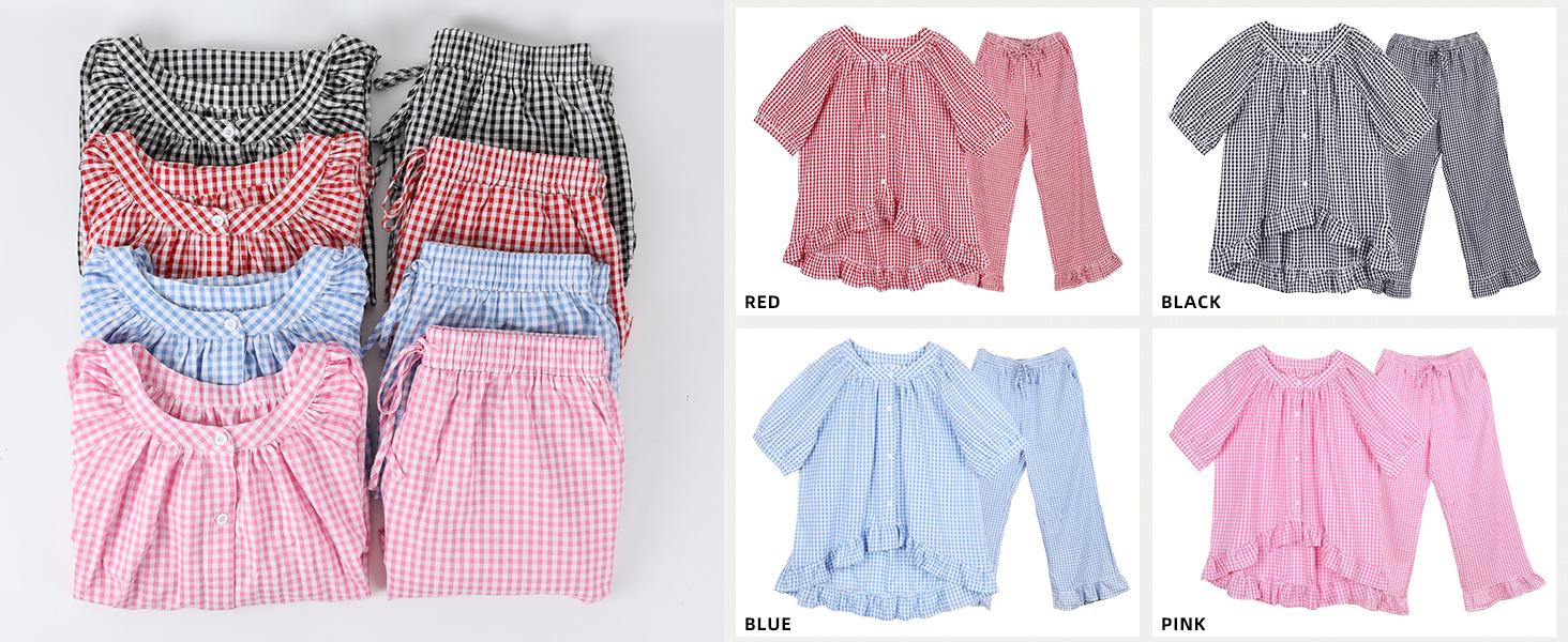 Yimoon Gingham Pajama Set for Women 2 Piece Plaid Cotton Button Down Top and Pants Pjs Ruffle Lounge set Sleepwear Casual Chic