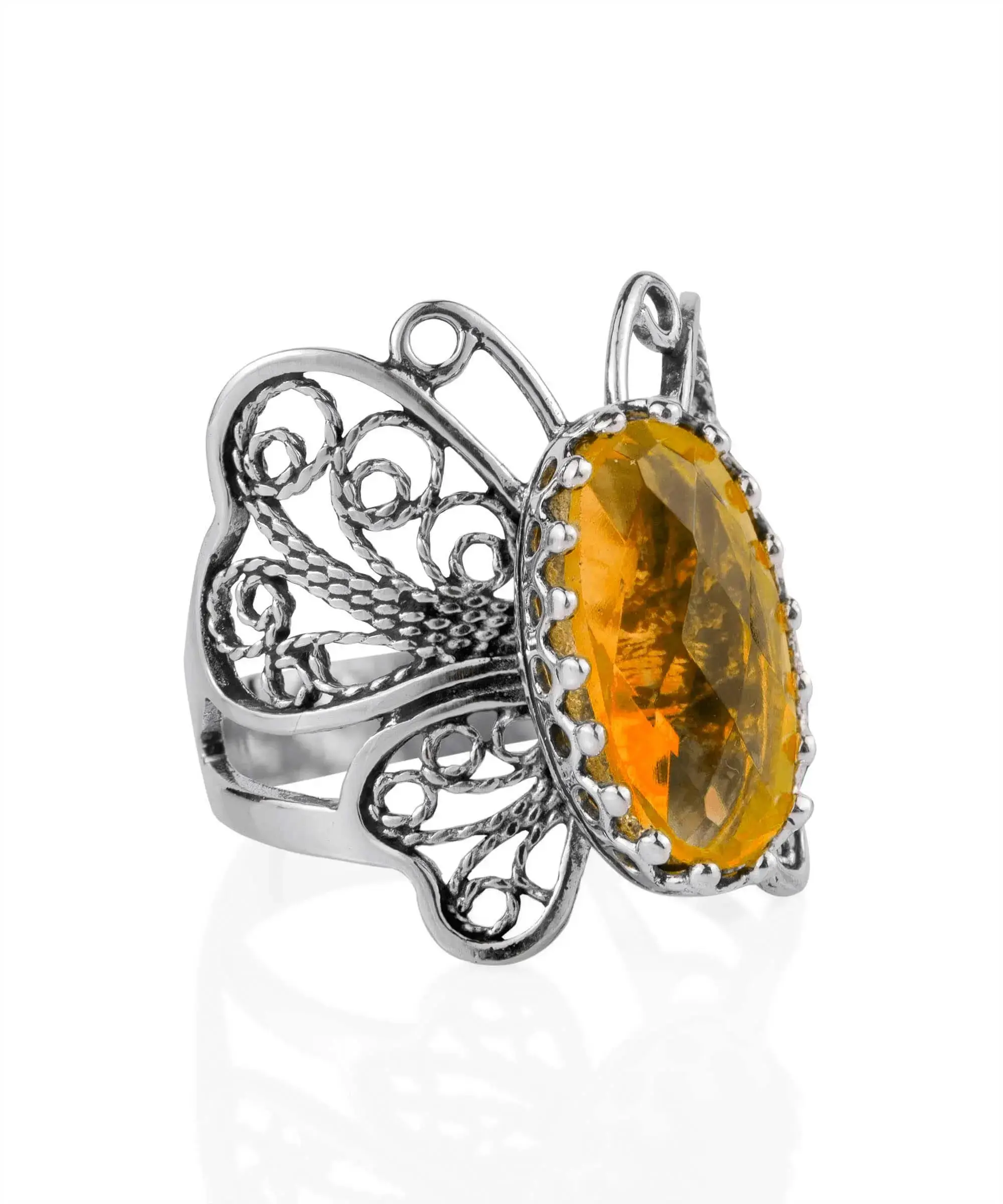 Filigree Art Citrine Gemstone Butterfly Design Women Silver Cocktail Ring
