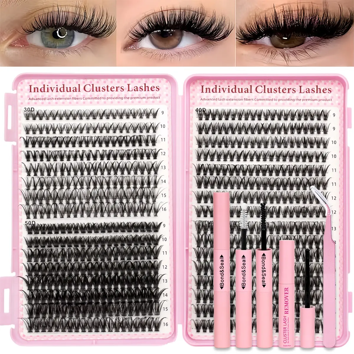 640-Piece DIY Eyelash Extension Kit, Cluster Lashes in Mixed Lengths 9-16mm, 30D/50D D-Curl Individual Lash Clusters, Soft, Wispy & Waterproof, Includes Bond & Seal, Remover and Tweezers, Beginner-Friendly, Soft Natural Eyelash