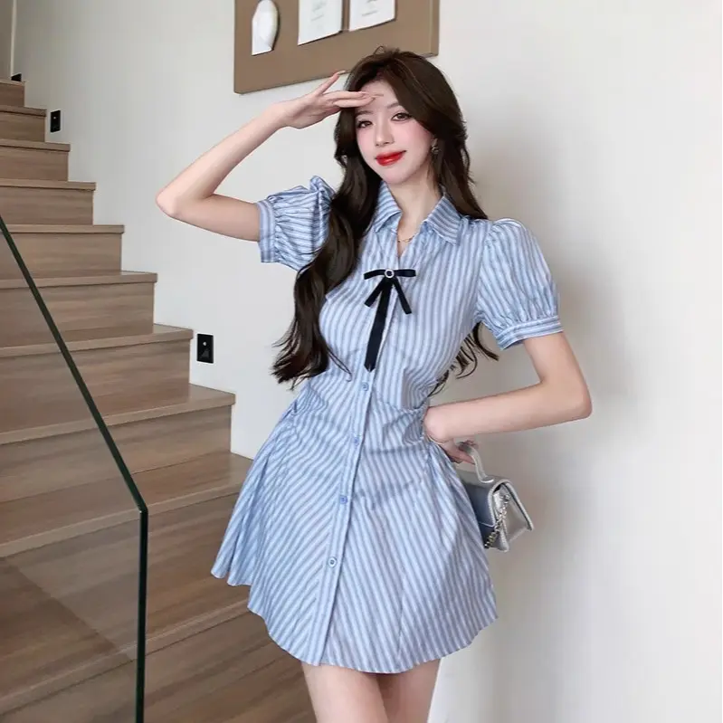 Preppy striped button-down dress | A-line mini dress with bow detail, Chic, Polyester Fabric, All Seasons