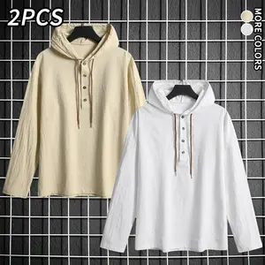 2-Pack Men’s Solid Cotton-Linen Henley Hooded Long-Sleeve Shirts, Drawstring Hood Half-Button Pullover Tops, Casual Everyday Outdoor Basic Shirts