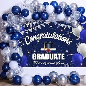 Graduation Decor Class of 2024, Navy Blue White balloons with Backdrop for  Nurse college, high, primary school graduate Banner