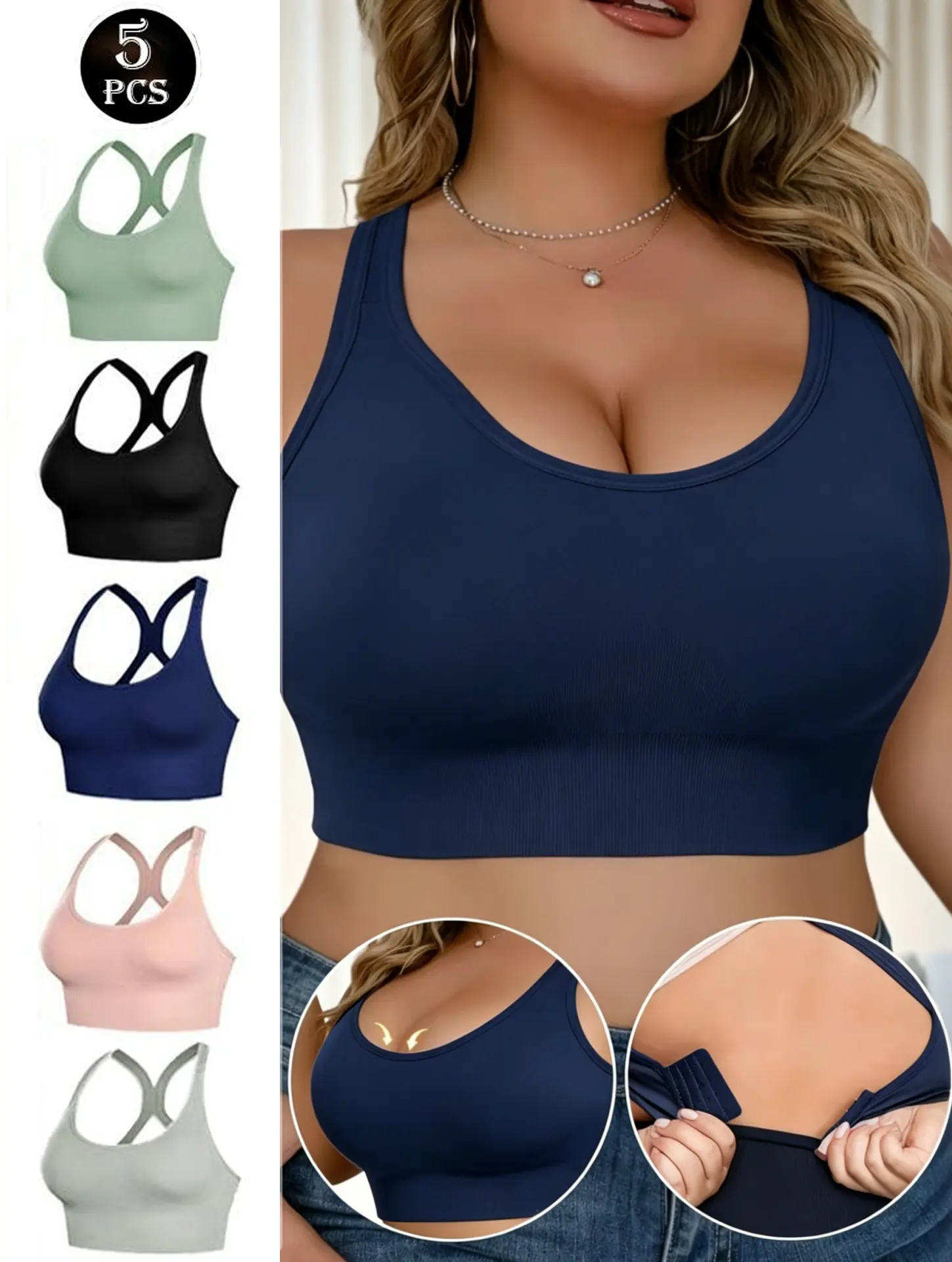 5-Pack Plus Size Sports Bras for Women, Seamless High Support Wireless Cross Back Tops with Removable Padding, Nylon Blend for Yoga & Gym, Sports Bra For Women, Curvy Clothing, Hand Wash, Plain, Women's Gym Wear, Bra-Style Everyday Bras