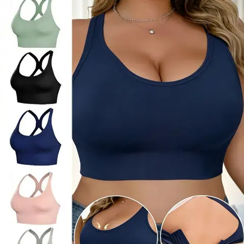 Women's 5-Pack Plus Size Busty Seamless Sports Bras - 3XL Plus Size Clothes, High Support Wireless Cross Back Scoop Neck with Removable Padding, Nylon-Elastane Blend, Gym Clothes Women, Athleisure Everyday Bras (Hand Wash)