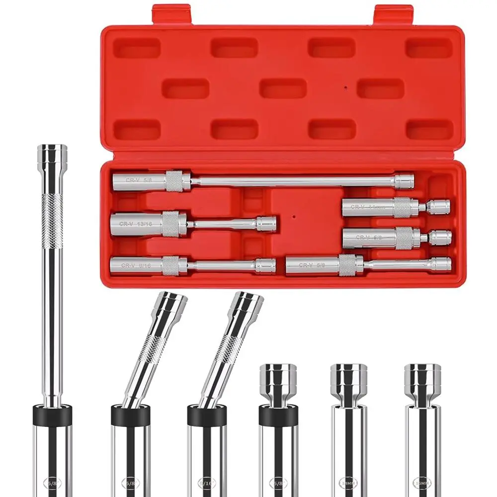 6-Piece Magnetic Swivel Spark Plug Socket Set, 3/8" Drive CR-V Steel Thin Wall 12-Point Grip, 360° Swivel Design Flexible Reach, 14mm/9/16"/5/8"/13/16" Sockets in 4"/6"/11" Multi-Sizes, Swivel Head