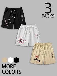 Multi-Pack Men's Floral Graphic Shorts, Harajuku Aesthetic Japanese Cherry Blossom Printed Shorts, Lightweight Elastic Waist Casual Shorts for Men, Breathable Summer Shorts for Daily Workout & Streetwear Outfits