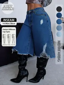 Women's High Waist Ripped Denim Shorts Button, Vintage Wash Design, Pockets, Casual Beach Wear, Multifunctional Fashion Item