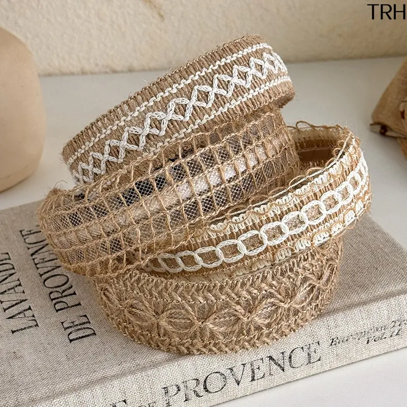 Women's Boho Hollow Straw-Woven Wide Headband - Breathable Anti-Slip Lace Hair Hoop with Fabric for Beach, Casual, Countryside Travel & Daily Use, High Cranial Top, Hollow Mesh