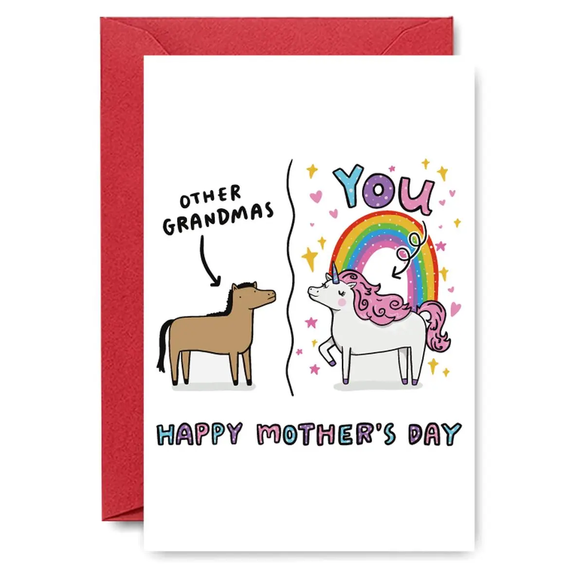 Funny Unicorn & Rainbow Design Unique Illustration Mother's Day Card with Envelope, Cartoon Animal Greeting Card, Birthday Gift for Grandma, Mother, Mothers Day Card