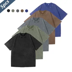 5-piece [American retro washed wind] old loose cotton short-sleeved T-shirts, multi-color basic daily wear tops