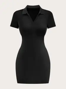 Women's Solid V Neck Short Sleeve Dress, Casual Fashion Polo Collar Dress for Summer, Women's Dress for Daily Wear