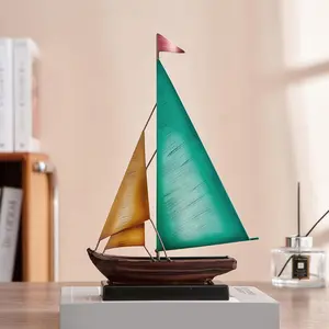 Vintage Metal Sailboat Statue - Nautical Home Decor Accents for Living Room, Office Shelf, Coffee Table & TV Stand | Rustic Coastal Boat Sculptures with Yellow/Green Sails, Ideal Father’s Day Gift for Sailors