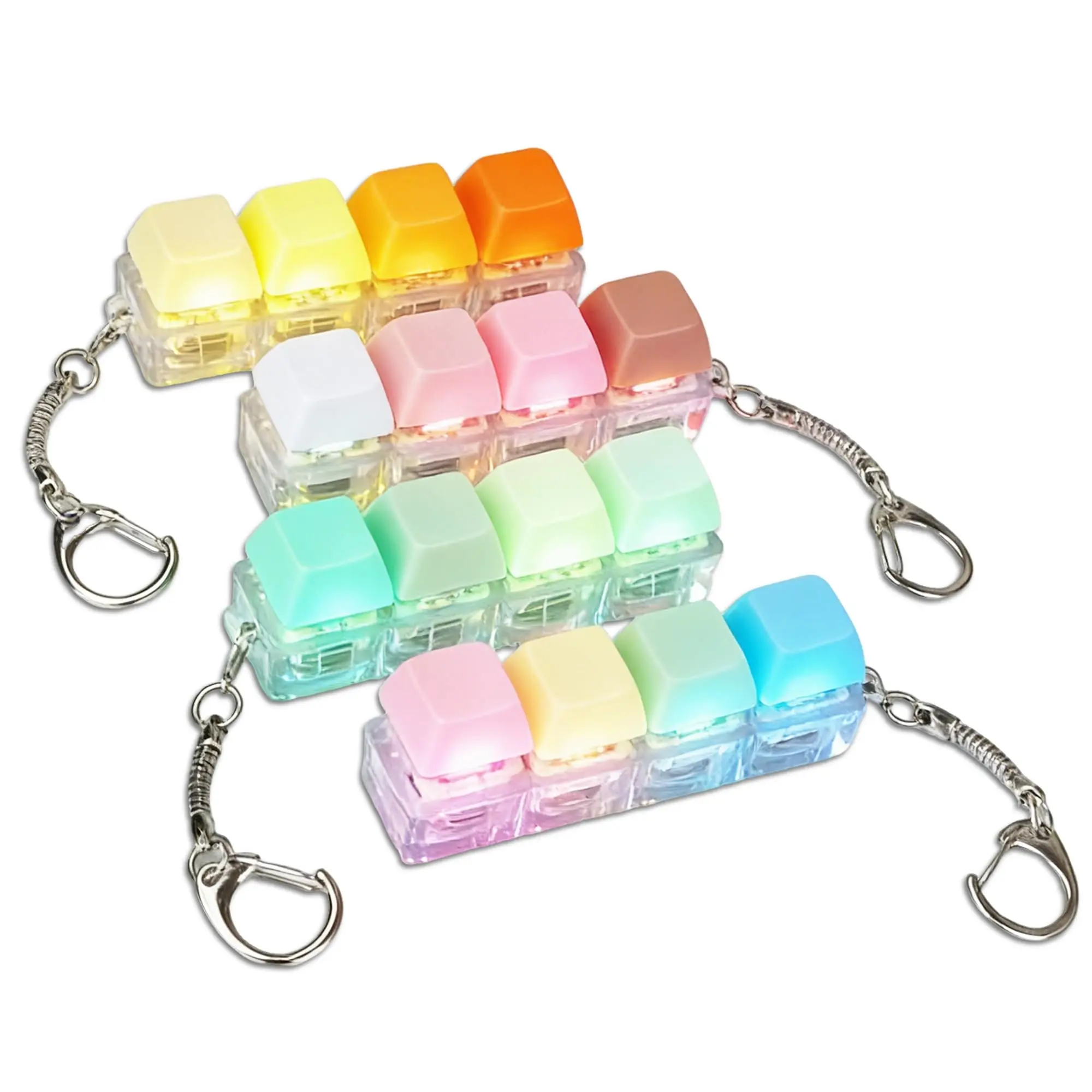 4 Pack Keyboard Fidget Keychain Toys, Macaron Color Mechanical Clicker with LED Light, Mini 4 Key Tactile Sensory Toy, Portable Stress Relief Desk Accessory for Kids Teens Adults, Backpack Pendant Gift
