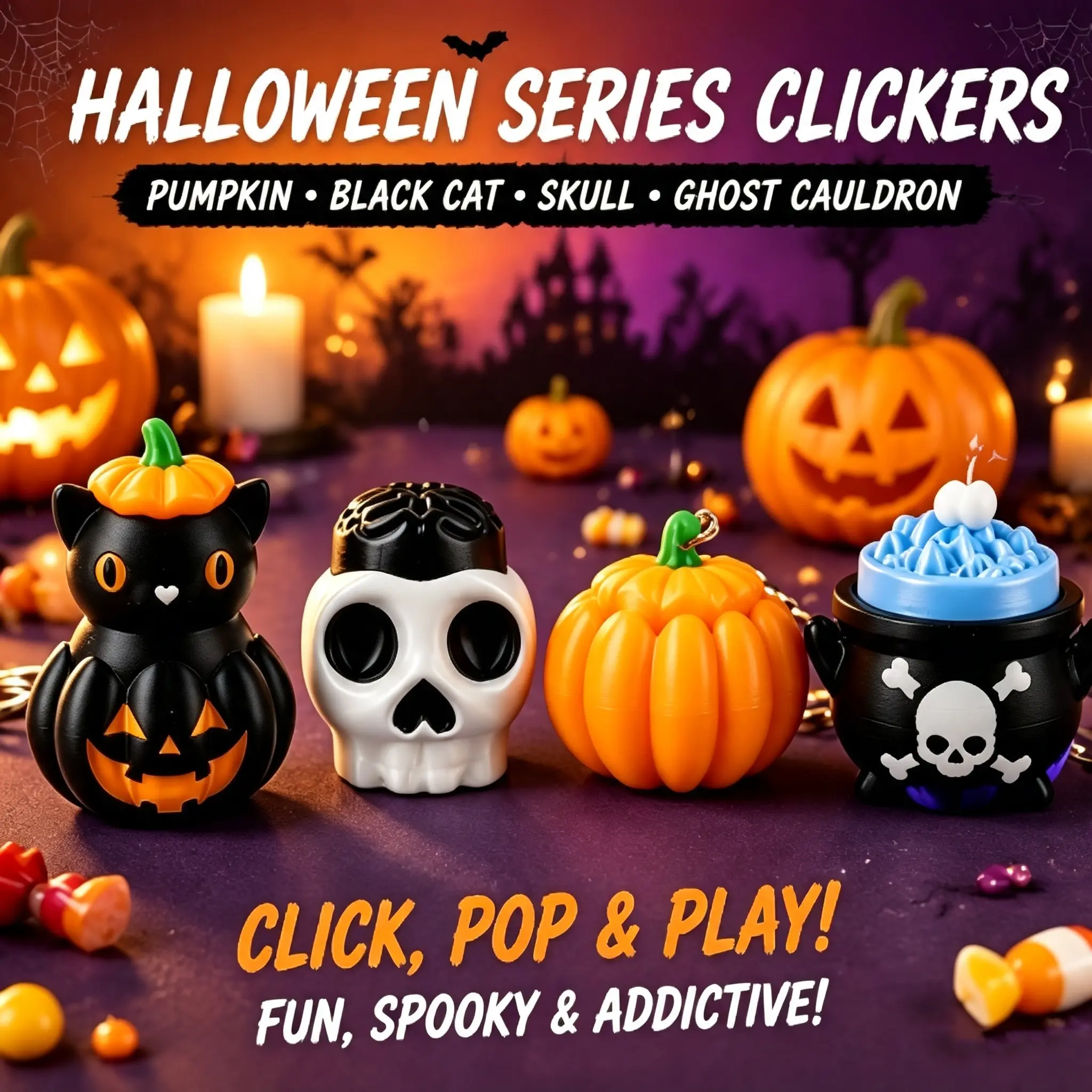 Halloween Themed Keyboard Clicker Keychain, Pumpkin & Skull Fidget Clicker Toy, Portable Stress Relief Bag Charm, Spooky Halloween Party Favor Gift
