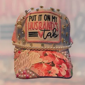 Custom Bling Trucker Hats with "Put It On My Husband's Tab" Design in Cotton Material Available in Multiple Colors