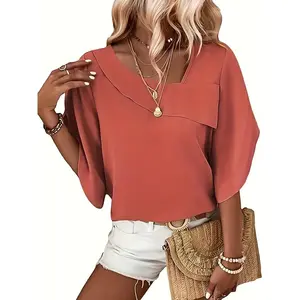 Women’s plain blouse with petal sleeves, casual basic asymmetrical neckline half-sleeve top for fall and winter, women’s clothing for daily wear GARMENTARY