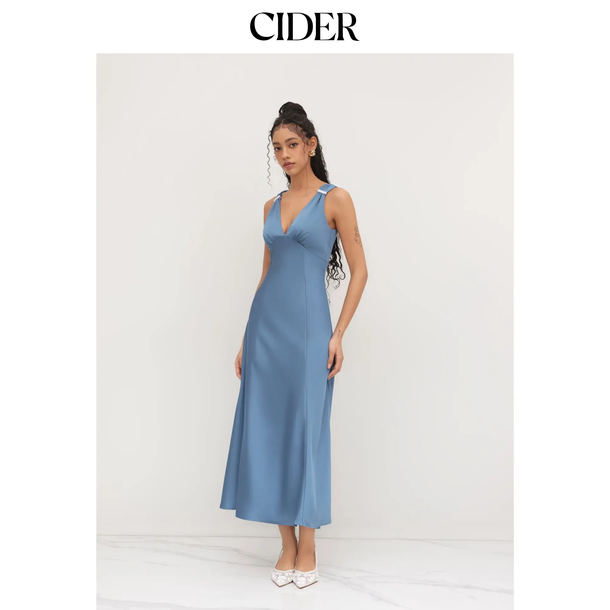 Cider Women's Lady's Multi-Size L-8 Long Stain-Resistant Polyester Satin Maxi Dress - Elegant Backless V-Neck, Faux Pearl Details, Ruffle Trim