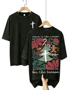 Jesus Is The Reason For The Season Oversized T-Shirt, Christian Christmas Graphic Tee, 230G Heavyweight Washed Faith Shirt for Men and Women loose fit summer casual shirt