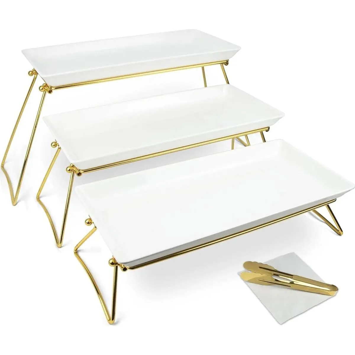 3-Layer Extra Large Melamine Serving Tray Stand - Plastic Cake & Cupcake Dessert Stand with Platters, 24x22x9.8in White & Gold Solid Kitchenware for Party Buffet, School Entertaining