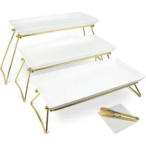 Extra Large 3 Tier Serving Tray, 24 x22 x 9.8 Inch Melamine Tiered Tray Stand and Platters for Party Buffet Entertaining, White and Gold