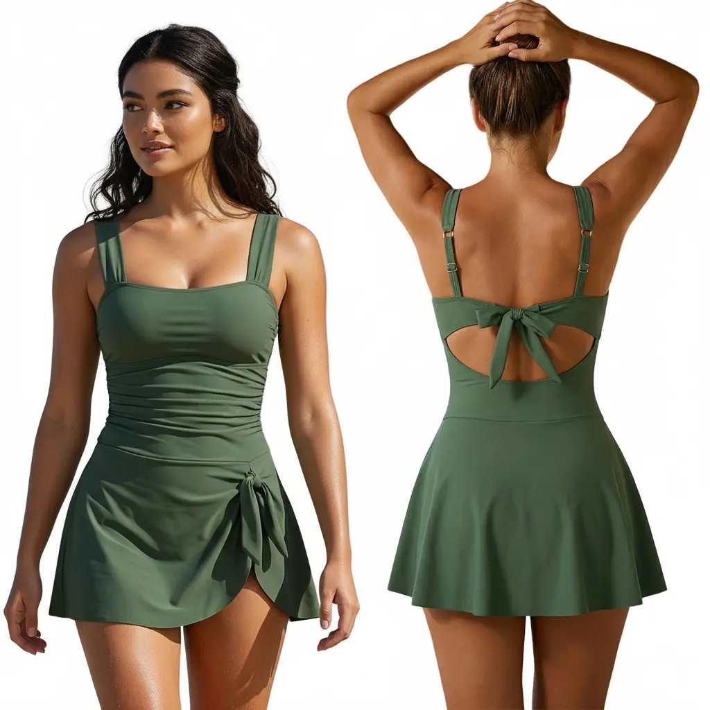 Women's Swim Dress Stylish Solid Color Wide Strap Sleeveless Square Neck Tummy Control Bathing Suit for Beach Pool