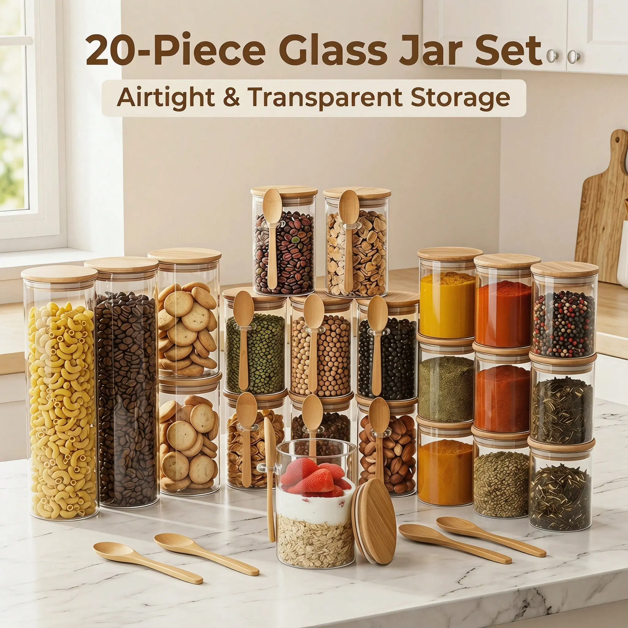 Wide-Mouth Transparent Glass Food Storage Jars Set (20-Piece) - 3x2200ml, 8x680ml, 9x495ml Kitchen Preserving Containers with Labels, Stickers, Pens for Coffee Beans, Noodles - Ideal Gift