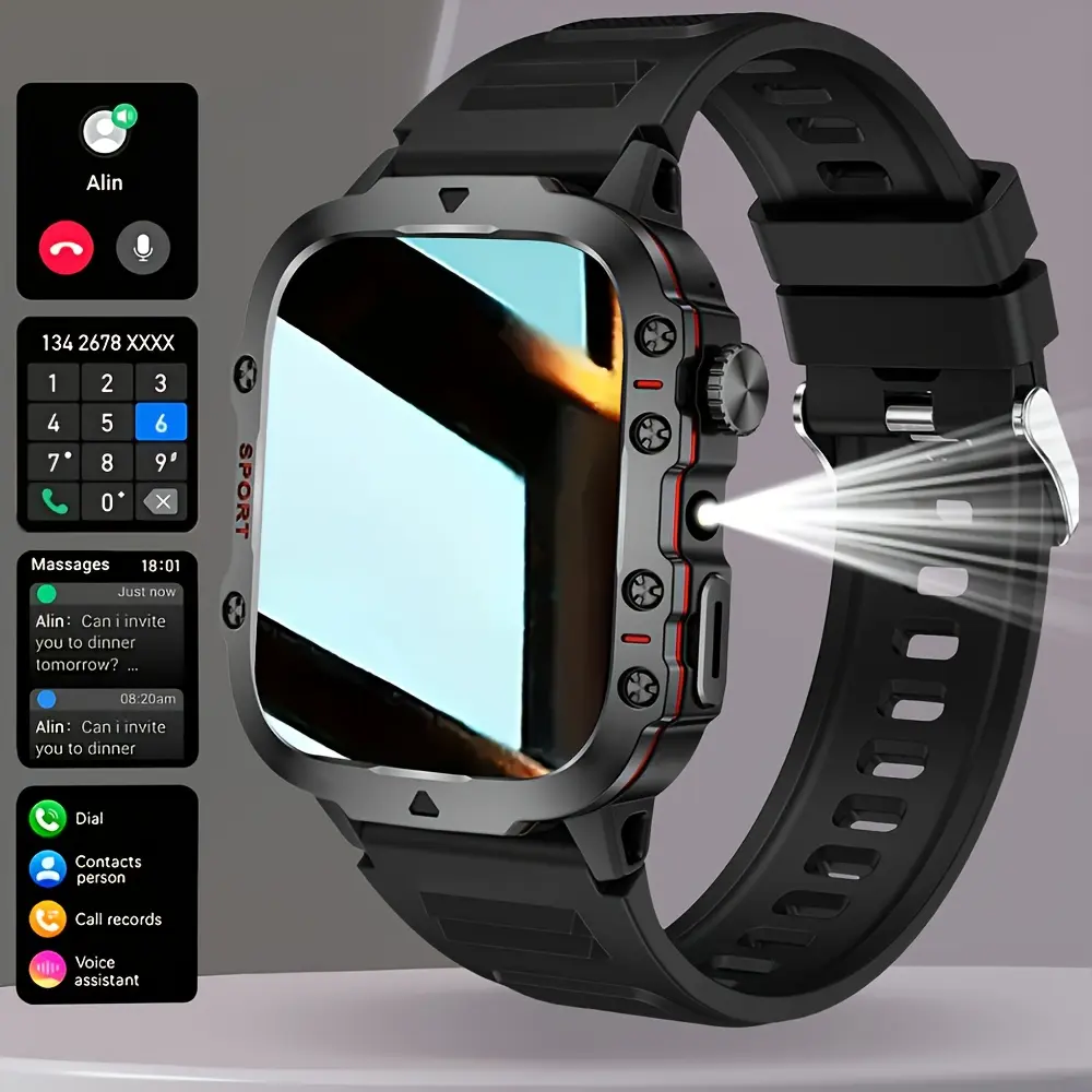 Rugged Outdoor Smart Watch for Men, Water Proof Electronic Wearable Tracker with Bluetooth Call, LED Flashlight & Shockproof Alloy Case, Rechargeable, Devices, Monitoring, Lithium, Batteries, Pedometer, Square, Calorie Tracker, Durable, Silicone