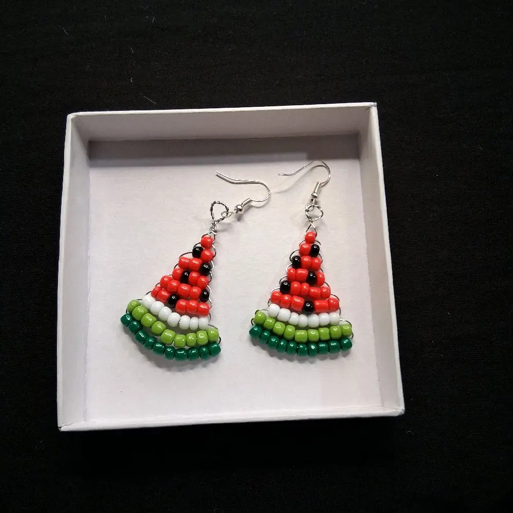 Handcrafted Beaded Watermelon Earrings - Red Green White Beads - Perfect for Summer Accessories