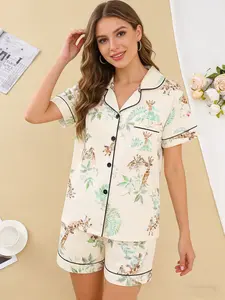 Women's Animal Print Pajama Set, Open Front Cardigan, Lapel Neck Short Sleeve Shorts, Homeewear Suit, Comfortable Sleepwear