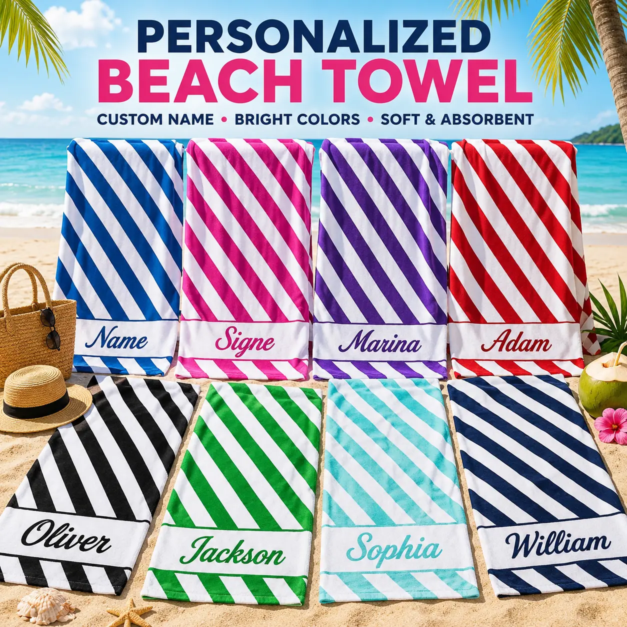 Custom name stripe beach towel, personalized name printing available, soft and absorbent, suitable for children and adults, bright pool/beach towel ideal for the beach, travel, and summer vacations