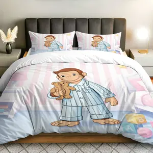 3PCS Duvet Cover Set, 1 Duvet+2 Pillowcases(Without filler),  Monkey Teddy Blocks Pajamas theme, Christmas bedding set, Cozy Soft Fashionable Suitable for decoration bedroom guest room  room playroom. Decorative Duvet Cover