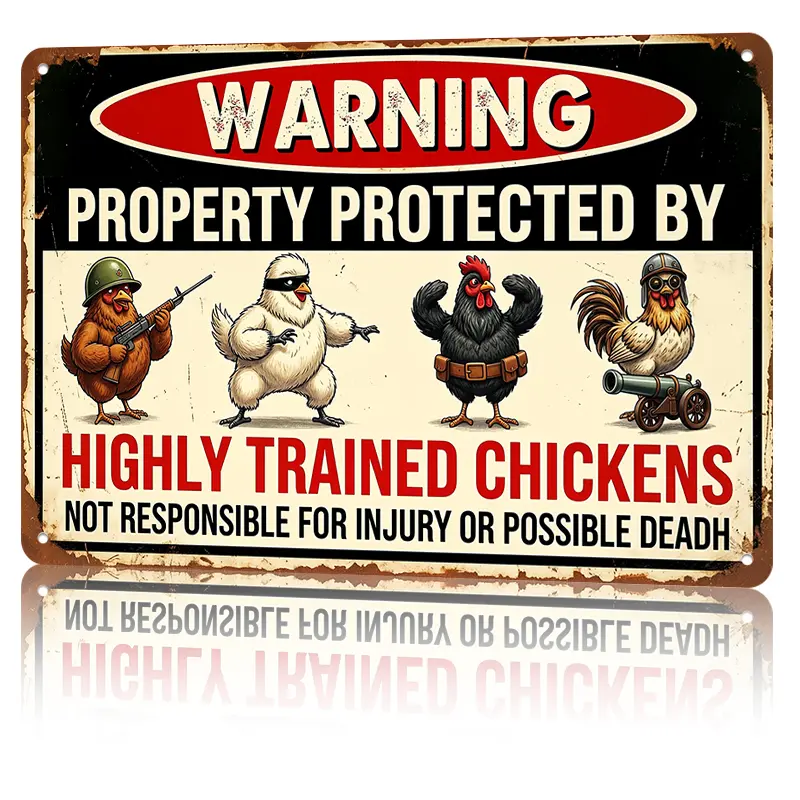 Warning Property Protected By Highly Trained Chickens Aluminum Metal Sign, 8×12 Inch Vintage Funny Farm Tin Plaque, Funky Room Decor, Vintage Metal Wall Art, Humorous Chicken Coop Decor Gift For Farmers