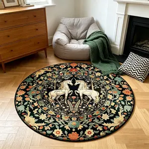 1 Vintage Double Horse Floral Round Rug, European Country Bohemian Style Home Decor Rug, Bedroom Living Room Rug, Birthday Gift, Suitable for Party Living Room Bedroom Entertainment Room Kitchen