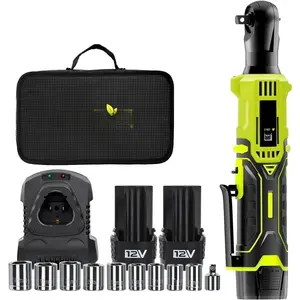 12V Cordless Ratchet Wrench, 55 ft-lbs Torque, 2x2.0Ah  with  Charger, 3/8" Drive   Electric Sub-Compact Power Ratchet, Variable Speed, 9 Sockets & 1/4" Adapter