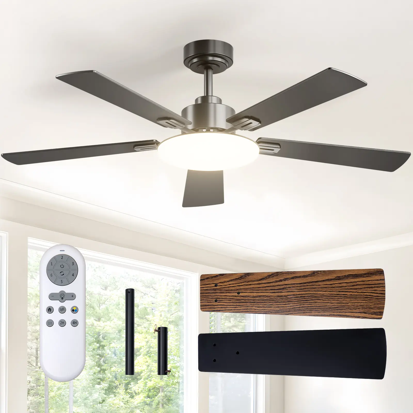 52 Inch Ceiling Fan With Light, Remote Control, Flush Mount Low Profile, Dimmable LED Light, Quiet Reversible Motor For Bedroom, Living Room, Apartment, Black