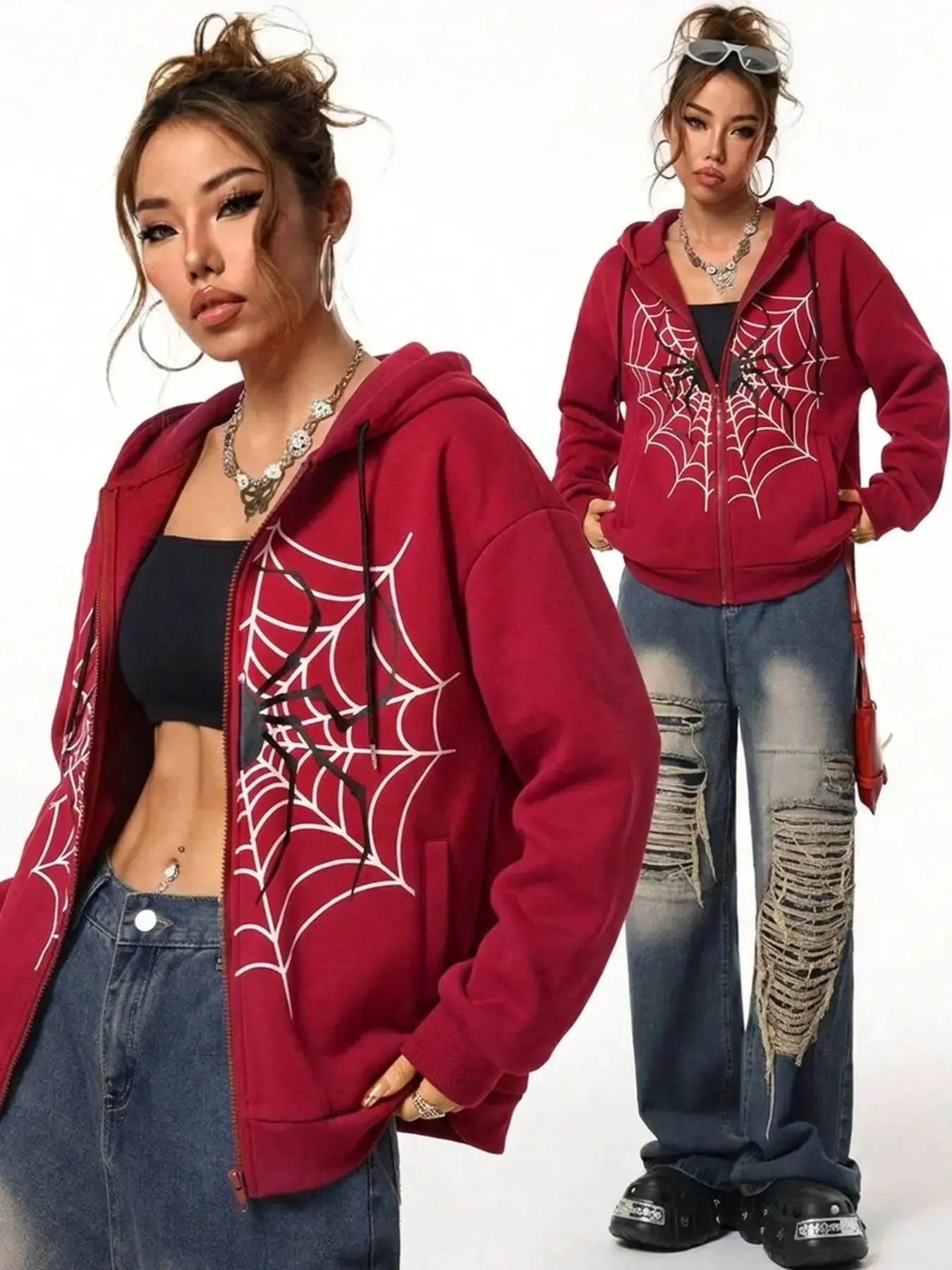 Hooded Zipper Sweatshirt, Loose Fit, Spider Web Print, Fleece Lined, Warm and Comfortable, Casual Street Style, long sleeve, streetwear, Fall & Winter