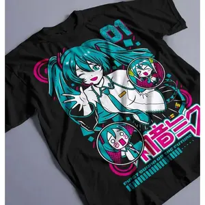 Hatsune Miku Vocaloid Anime Graphic T-Shirt, Retro "First Sound of the Future" Print Black Cotton Crew Neck Tee, Unisex Streetwear Top with Cute Chibi Miku Design, Ideal for Vocaloid Fans, Daily Wear & Anime Conventions