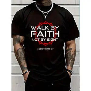 Men's Oversized "Walk By Faith Not By Sight 2 Corinthians 5:7" Christian Graphic Tee, 100% Cotton Breathable Crew Neck Casual Streetwear Relaxed Short-Sleeve Tee