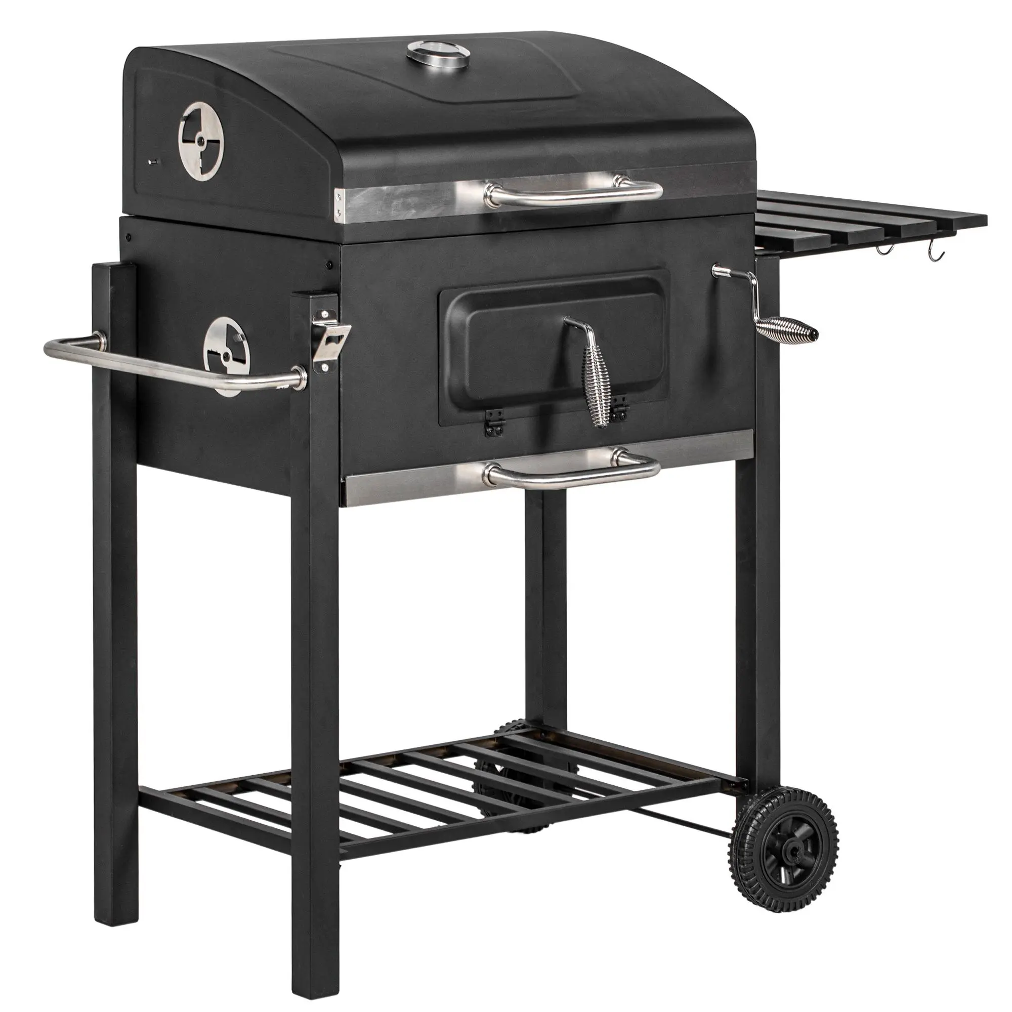 Outsunny Stainless Steel Foldable Charcoal Barbecue Grill, Outdoor Portable Cooker with Side Table, Bottom Storage Rack, Wheels & Handle for Camping, Backyard Picnic, Black, Portable Bbqs