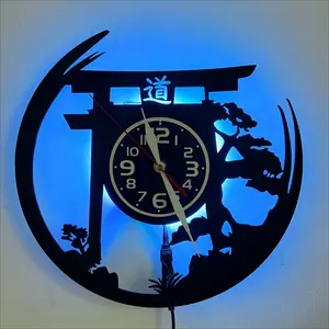 Art Deco Japanese Bonsai Tree Torii Gate Vinyl Record Wall Clock 7 Color LED Lights Indoor Outdoor Elegant Decor (Battery Not Included)