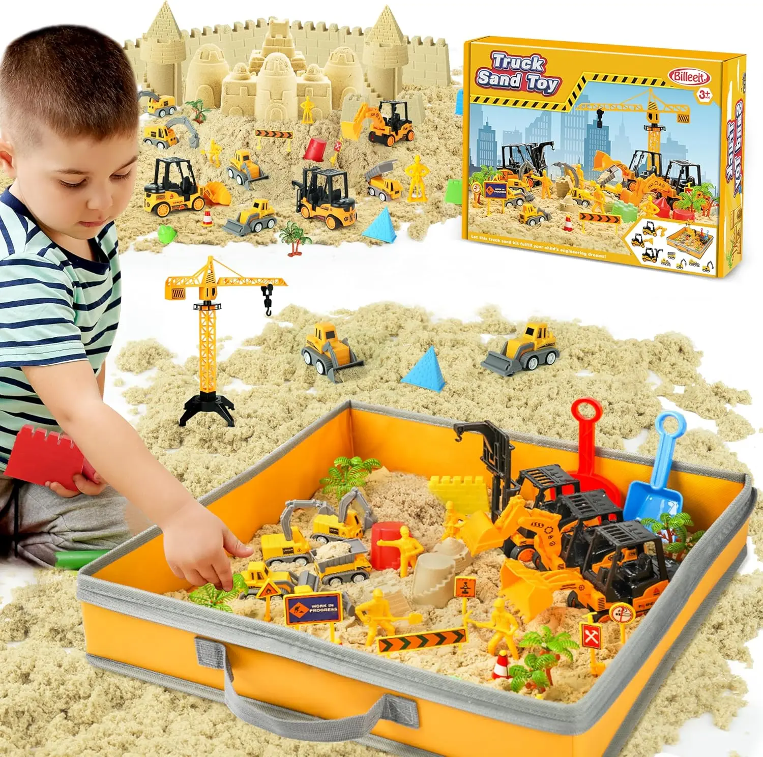 Sand Construction Kit with Foldable 15 x 15 in Sand Box, 2.2 lbs Sensory Sand, 8 Trucks, Molds & Tools, Gift for Kids 3+