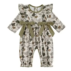 Newborn Baby Girl Hunting Outfit Camo Ruffles Long Sleeve Camo Bows Romper Overalls Outfit  Jumpsuit