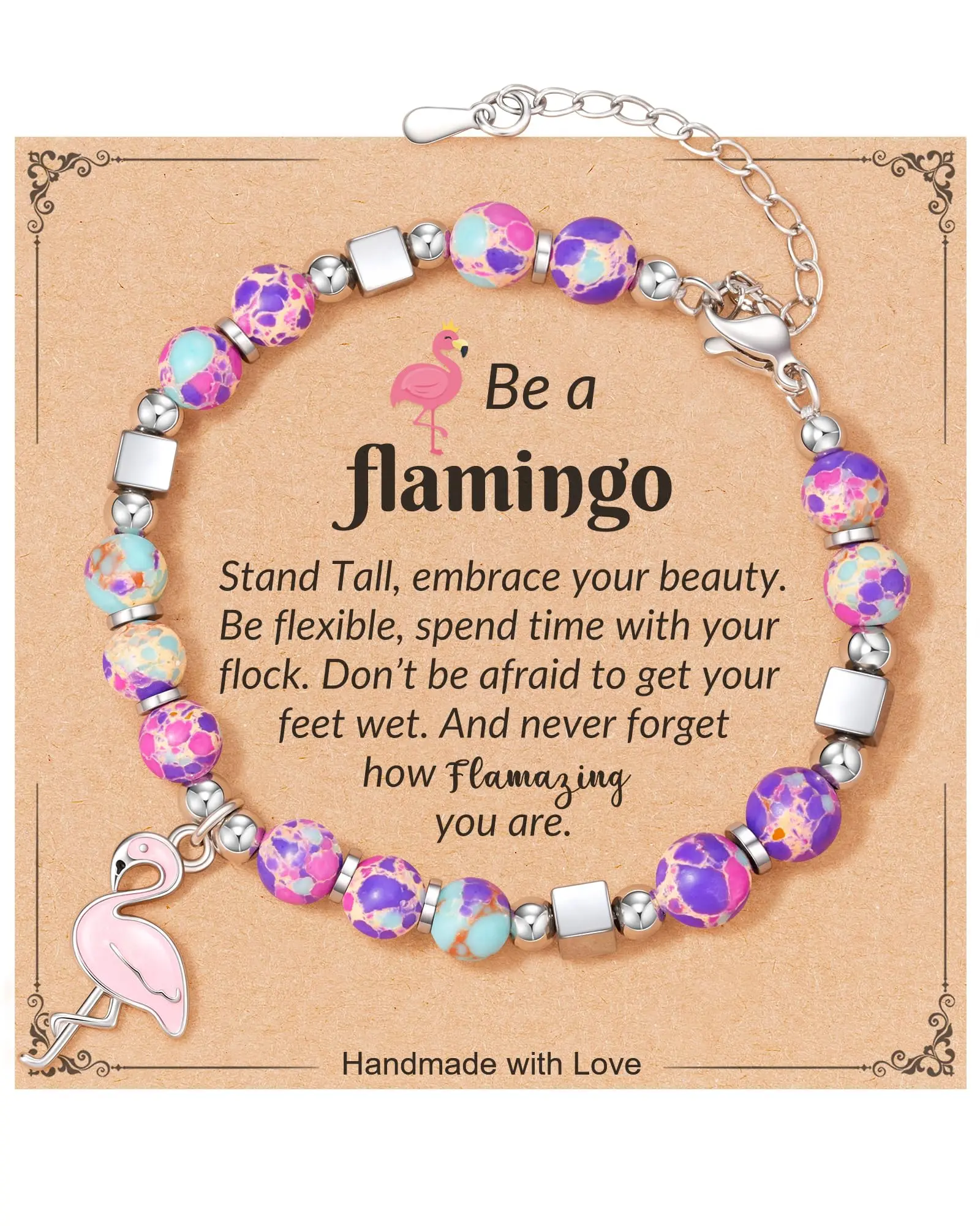 Flamingo Charm Bracelet with 8mm Natural Stone Beads, 7 Inch Elastic Jewelry Gift for Women, Modern Fashionable Accessories, Necklaces Bracelets, Modern Fashion Accessories, Fashionable Jewelry Accessories