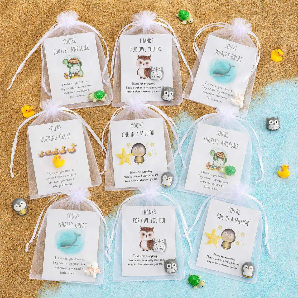 25/50 Pack Classroom Reward Gifts for Kids, 5 Cute Mini Animal Figurines with Positive Pun Encouragement Cards and Organza Gift Bags, Student Prize Box Fillers, Teacher Classroom Prizes and School Party Favors