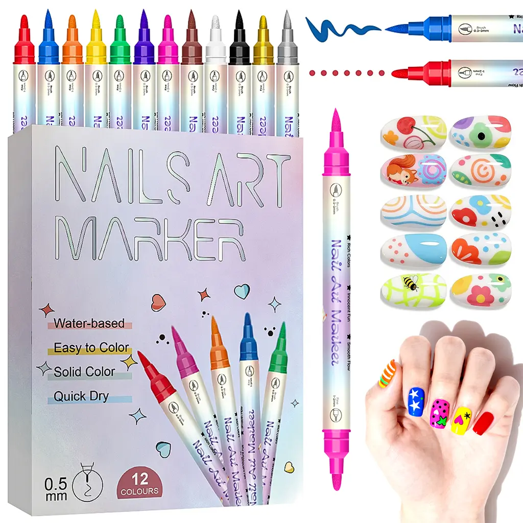 12 Color Dual-tip Nail Art Pens Set - Upgraded Nail Design Markers, Non-Toxic & Quick-Dry 0.5MM Nail Polish Pens, Dotting Tools for DIY Manicure & Salon At-home, Gift for Kids & Girls
